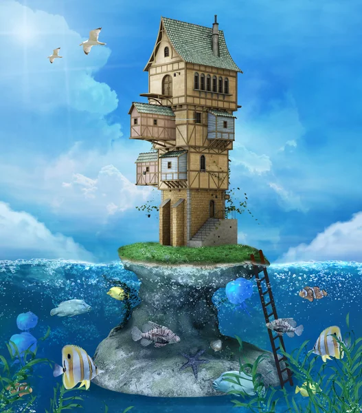 Fantasy hus på en klippa mitt i havet — Stockfoto