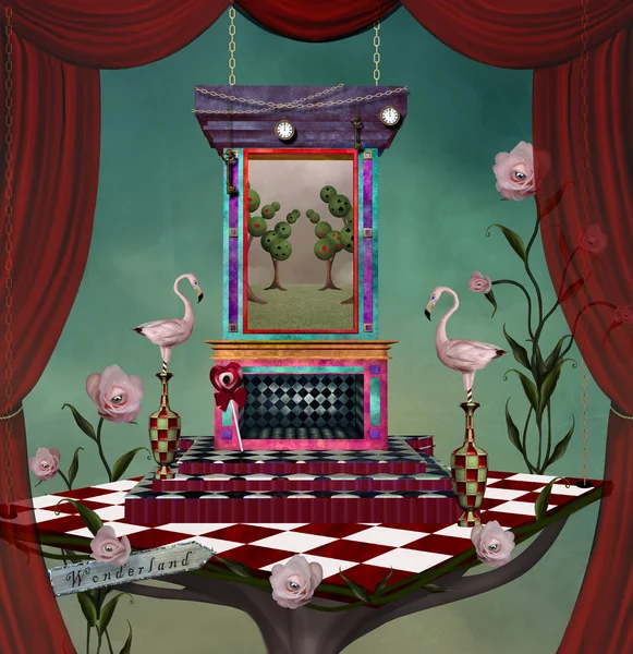 Surrealistisch podium met spullen geïnspireerd door Alice in wonderland fairytale — Stockfoto