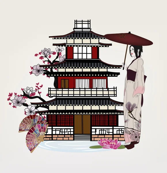 Oriental temple and beautiful woman with traditional kimono — Stock Vector