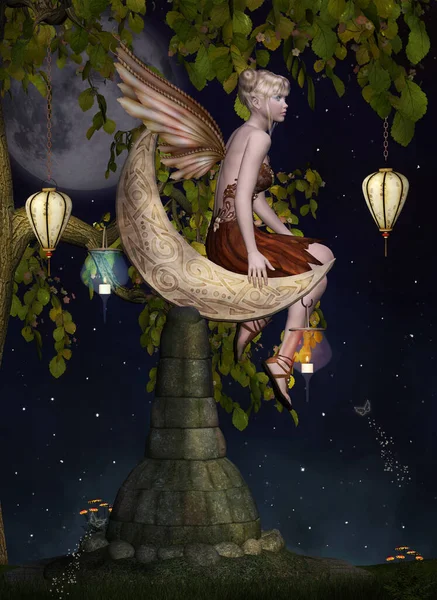 Blonde Fairy Sitting Pedestal Moonlight — Stock Photo, Image