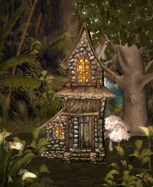 Büyülü Ormanda Küçük Bir Dağ Evi — Stok fotoğraf