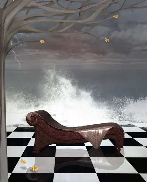 Chaise Longue Een Fantasie Boom Een Surrealistisch Stormachtig Weer Landschap — Stockfoto
