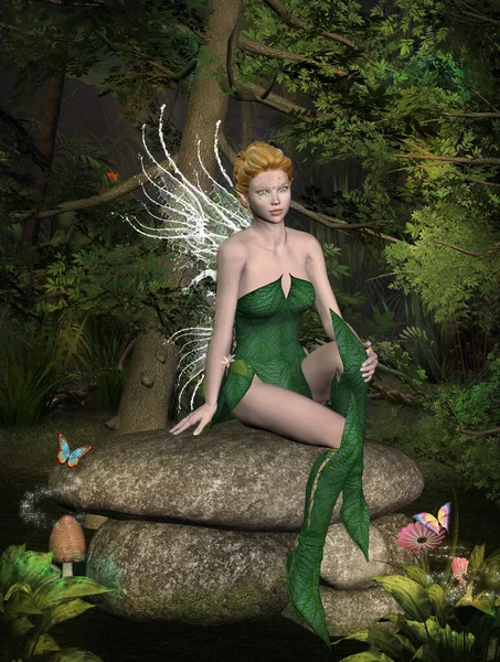 Fairy Zielonej Sukience Siedzi Skale Środku Lasu Zdjęcia Stockowe bez tantiem