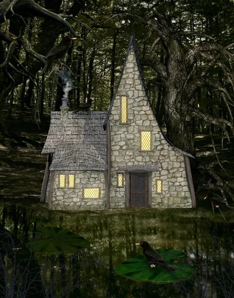 Wiedźma Dom Nad Stawem Środku Tajnego Leśnego Miejsca Obrazek Stockowy