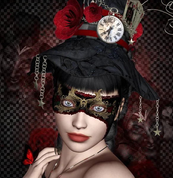 Πορτρέτο Μιας Γυναίκας Φαντασίας Μαύρη Και Κόκκινη Μάσκα — Φωτογραφία Αρχείου