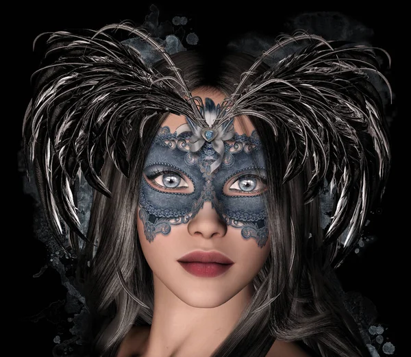 Beautiful Brunette Blue Mask Feathers — Stock Photo, Image