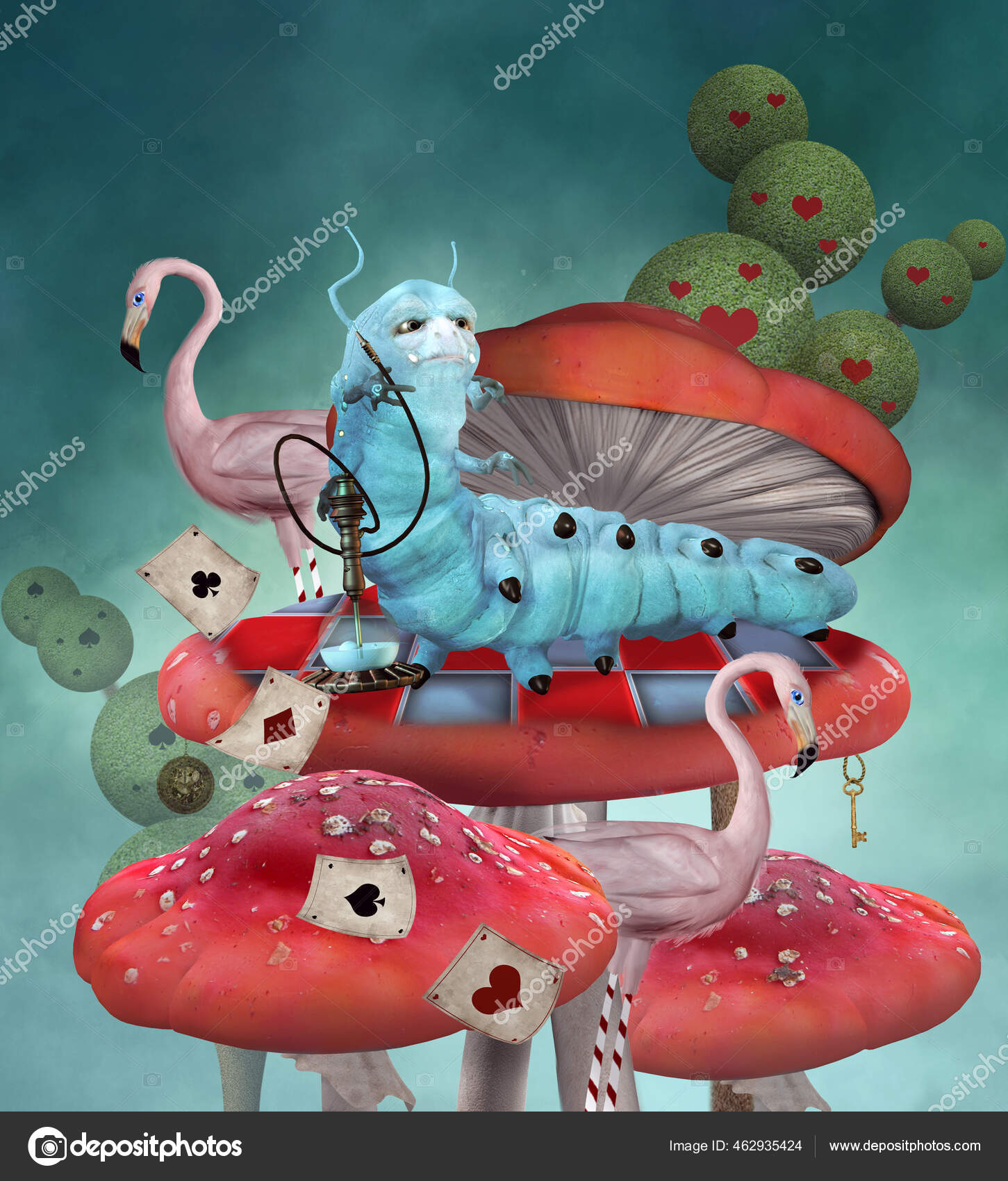 Hookah Smoking Caterpillar Mushroom Pink Flamingos Stock Photo by