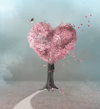Gerçeküstü pembe kalp ağacının patikası