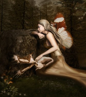 Küçük bir ejderhayla karanlık ormanda uyuyan güzel peri.