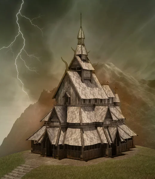 Starożytny Budynek Górach Inspirowany Kulturą Nordycką Burzliwej Scenerii Pogodowej Obraz Stockowy