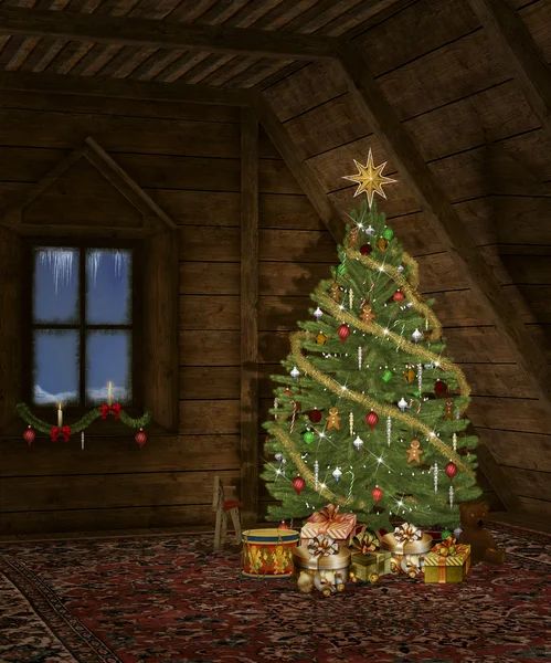 Kerstmis in een houten huisje — Stockfoto