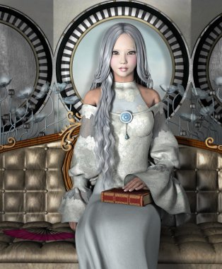 Kitap ile kanepede oturan Bayan