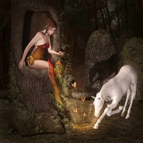 Elfo e unicorno — Foto Stock