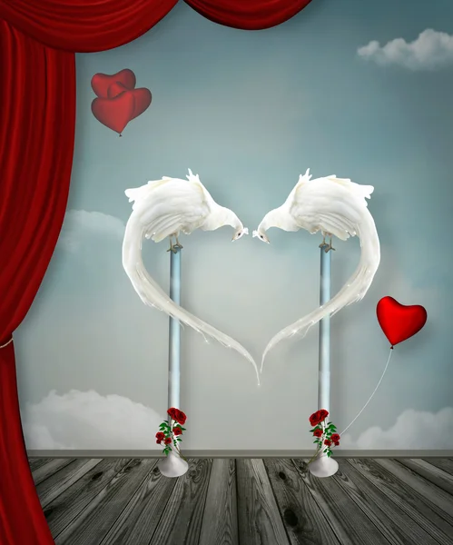 Surreal heart with two peacocks — Stock Photo, Image