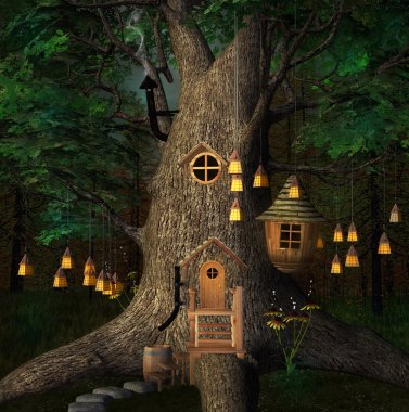 Tree house by night with lanterns clipart