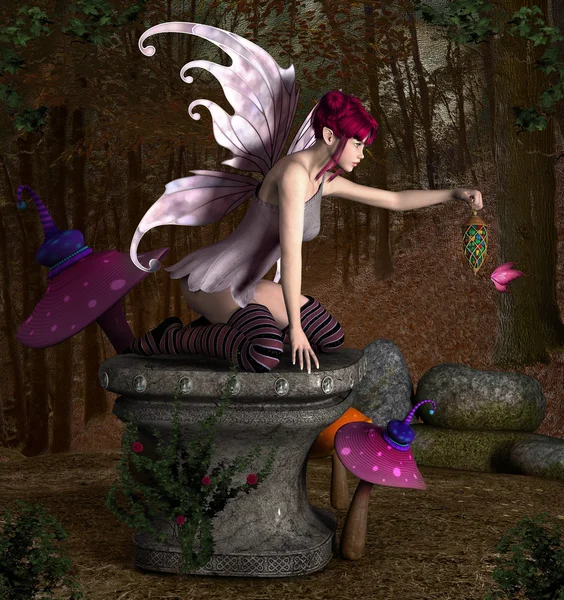 Fairy sits on an old pedestal — Stock Photo, Image