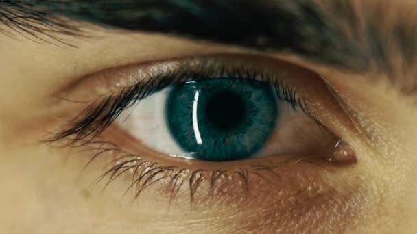 Close-up van het mannelijk blauw oog opent en sluit — Stockvideo