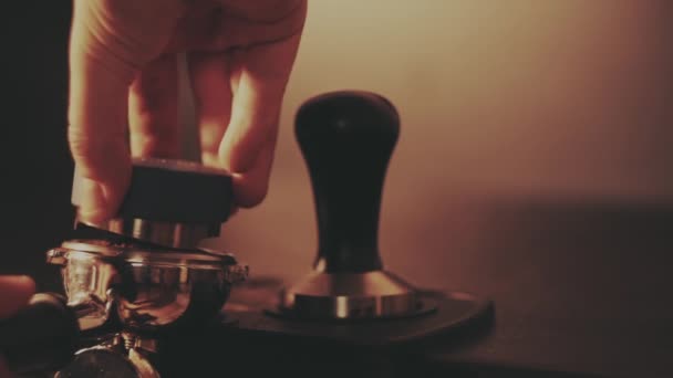 Barista making a cup of strong coffee in a coffee machine — Stock Video