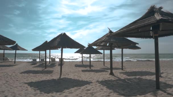 Playa de arena vacía. Playa con sombrillas y tumbonas — Vídeos de Stock