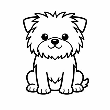 Şirin pofuduk yavru köpek, basit siyah-beyaz taslak üzerinde oturuyor, kawaii çizgi film vektör çizimi boyama sayfası, çıkartma ya da çocuk tasarımı
