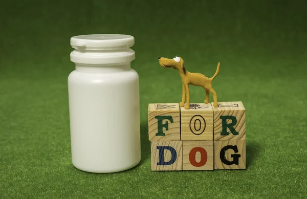 White bottle and clay dog stand on alphabet blocks — Stock Photo, Image