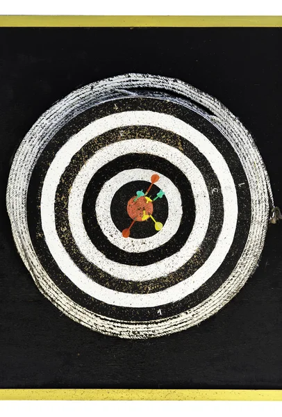 All darts in bulls eye on dart board — Stock Photo, Image