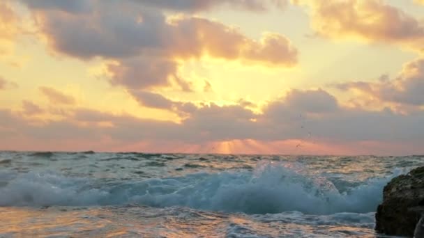 Vagues de mer en mouvement lent pendant le beau coucher de soleil — Video