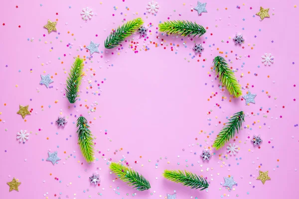Новорічна Різдвяна Квартира Лежить Деревами Зірками Сніжинками Копією Простору Рожевому — стокове фото