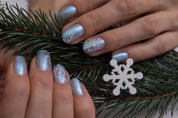 Winter Manicure Snowflackes Woman Hands Fir Branch Background — Stock Photo, Image