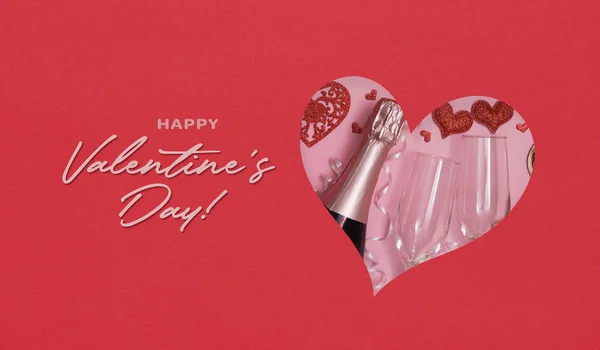 Happy Valentine Day Κείμενο Και Σχήμα Καρδιάς Κομμένα Χαρτί Σαμπάνια — Φωτογραφία Αρχείου