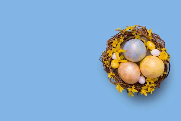 Draufsicht Nest mit bunten Eiern mit Blüten auf blauem Hintergrund. Kopieren Sie Platz für Ihren Ostertext — Stockfoto