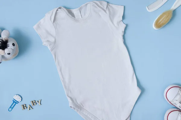 Children Clothing Flat Layout Mock White Baby Bodysuit Blue Background — Stock Photo, Image