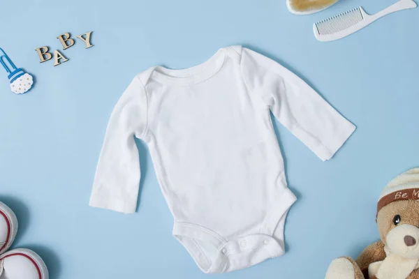 Top View White Baby Bodysuit Mock Blue Background Your Design — Stock Photo, Image