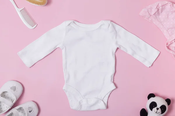 Children Clothing Top View White Baby Bodysuit Mock Pink Background — Stock Photo, Image