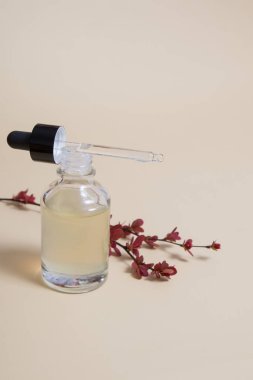 Cilt bakımı kozmetiği olan cam damlatıcı şişeyi aç. Biege arka planında tereyağı, serum ya da tentür