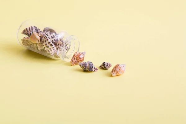 Minimalistisch Zomeridee Met Miniflesje Kleine Schelpjes Gele Achtergrond Het Creatieve — Stockfoto