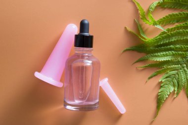 Süpürge yüz masajcıları ve yağ damlası şişesinin üst görüntüsü. Yüz bakımı, spa konsepti düzleşmesi