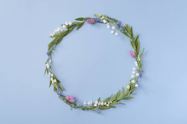 Floral round frame with copy space on a blue background. Summer or spring nature minimalistic background