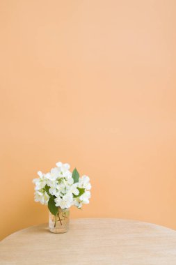 Jasmine bouquet on a round table on an orange background. Vertical photo. Background for stories