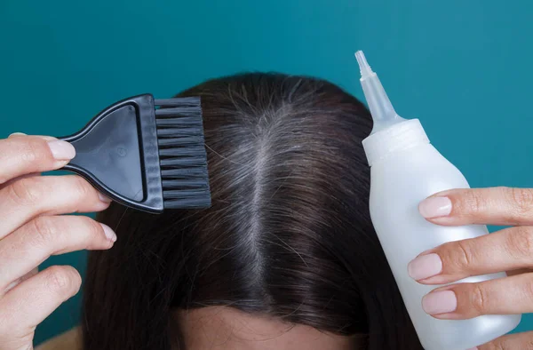 Brush Bottle Female Hands Gray Hair Gray Hair Color Concept — Stock Photo, Image