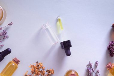 Damla ve boş şişe ve kuru otlar ve yağ ve tentür üst görünümü olan şişeler. Bitki ve yağ kullanarak doğal kozmetik ürünlerinin hazırlanması