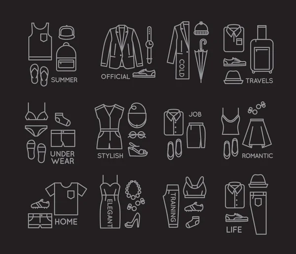 Płaskie ubrania zespoły ikony czarny — Wektor stockowy