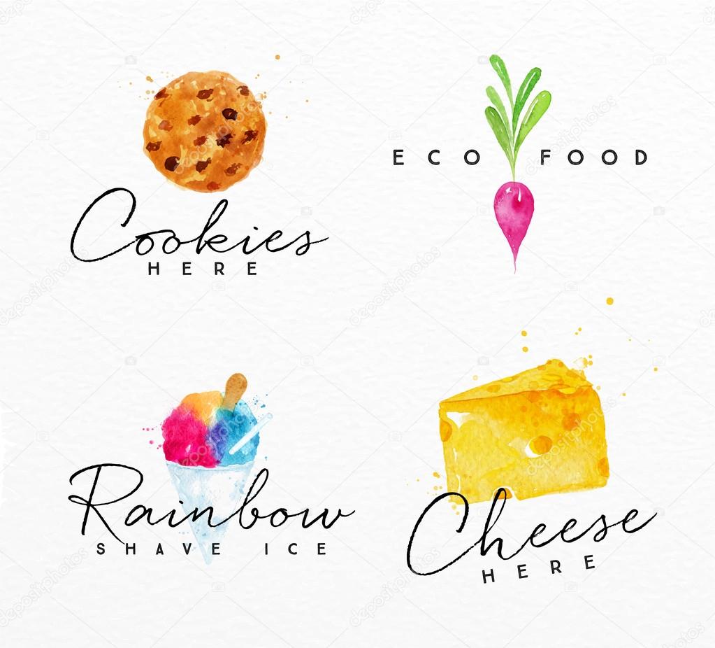 Set of watercolor labels lettering cookies here, eco food, rainbow shave ice, cheese here drawing on watercolor background