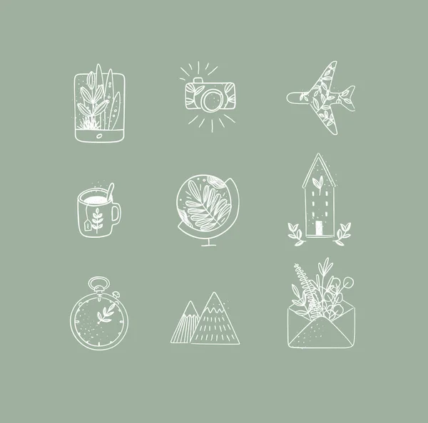 Conjunto Iconos Naturaleza Viaje Tableta Hecha Mano Estilo Línea Cámara — Archivo Imágenes Vectoriales