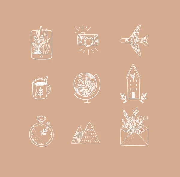 Conjunto Iconos Naturaleza Viaje Tableta Estilo Línea Hecha Mano Cámara — Archivo Imágenes Vectoriales