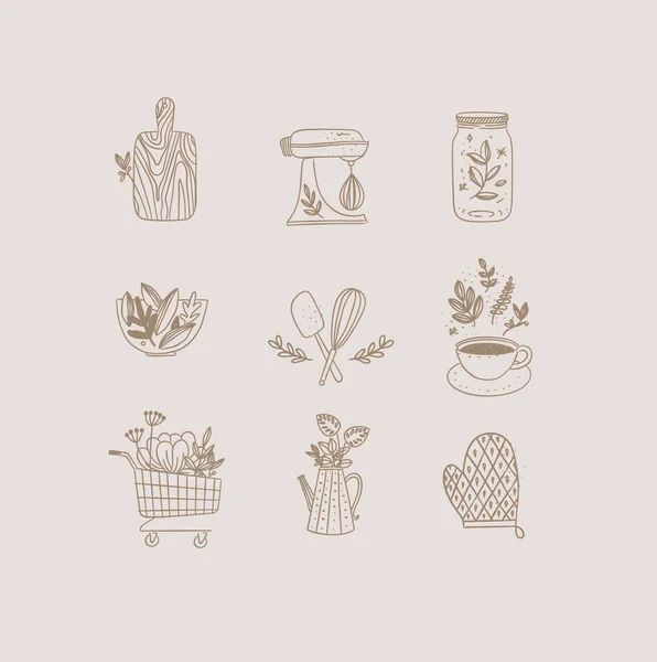 Набір Квіткових Кухонних Іконок Ручному Стилі Ріжучої Дошки Мікшер Баночка — стоковий вектор