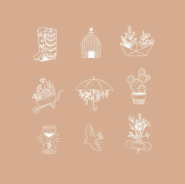 Set Floral Garden Icons Hand Made Line Style Boots Barn — Stock Vector