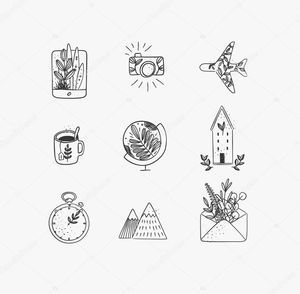 Set of travel nature icons in hand made line style tablet, camera, plane, tea cup, globe, house building, clock, mountains, envelope drawing on white background