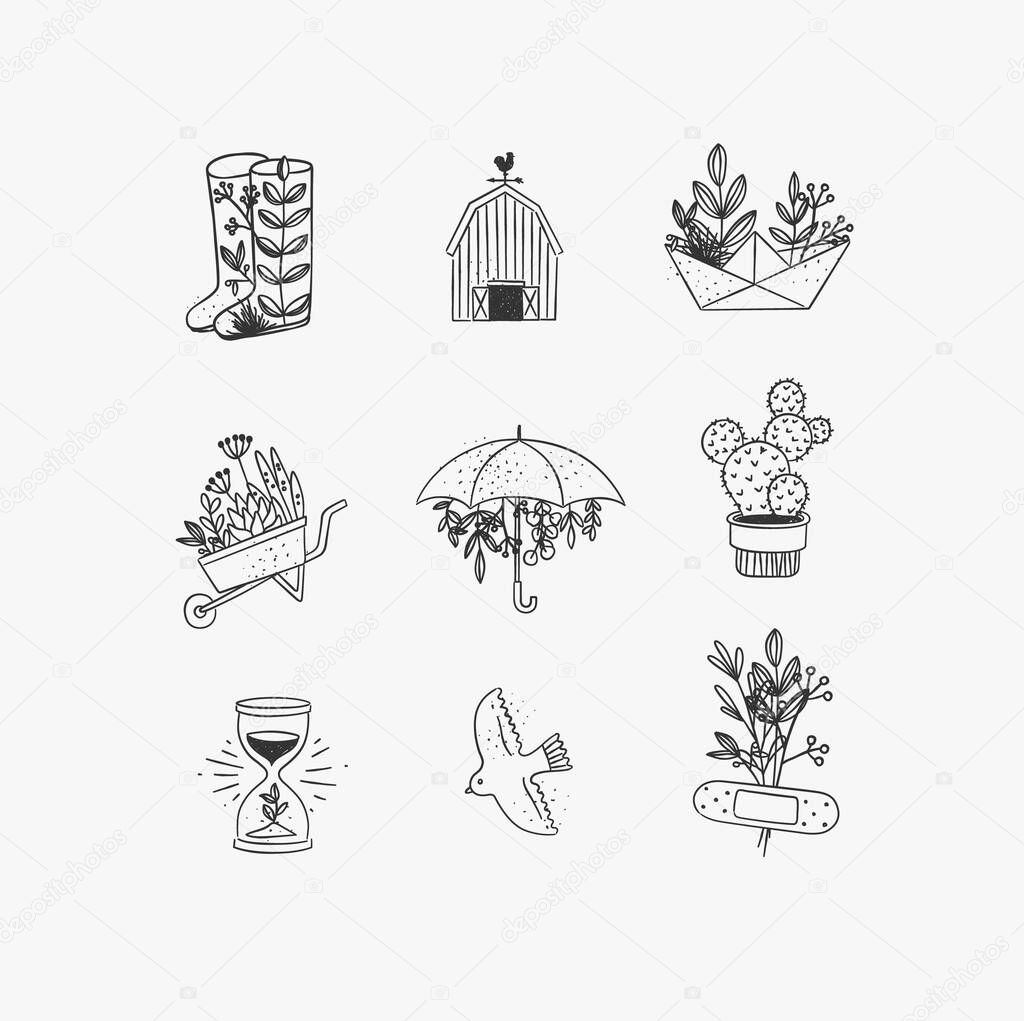 Set of floral garden icons in hand made line style boots, barn, origami, garden cart, umbrella, cactus, hourglass, bird, plaster drawing on white background