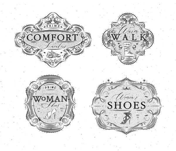 Etykiety Butów Vintage Napisami Komfort Tenisówki Ciepły Spacer Kobieta Rysunek — Wektor stockowy